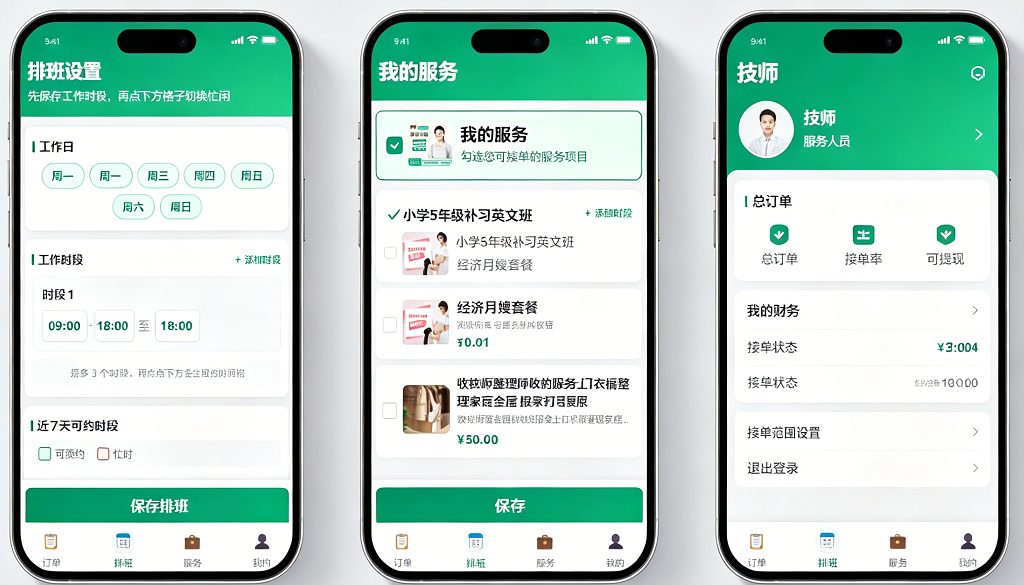 技师 App：排班设置、我的服务、财务与接单范围