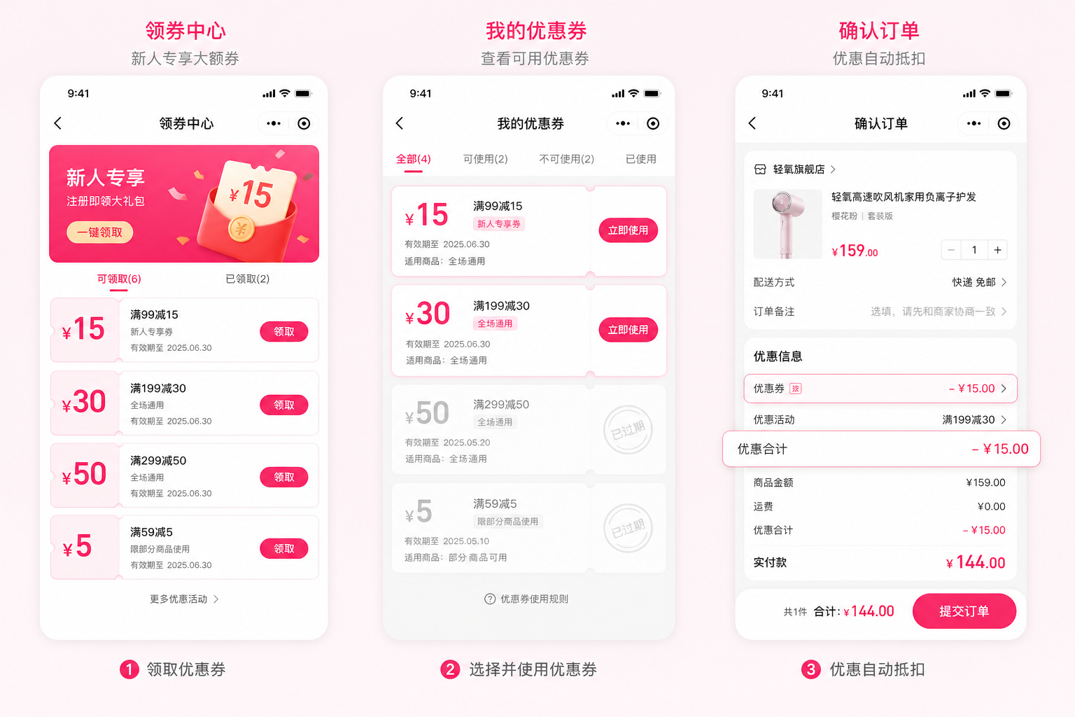 优惠券：领券中心、结算页自动试算与用券