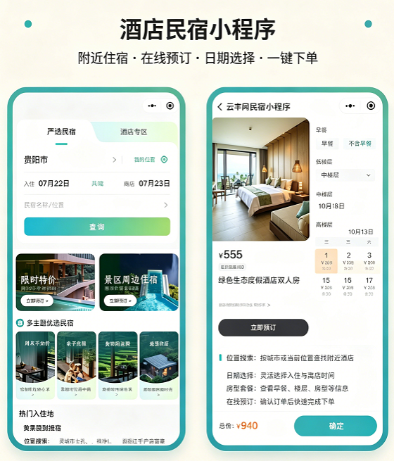 定酒店：按入住离店日期搜房、选房型与下单支付